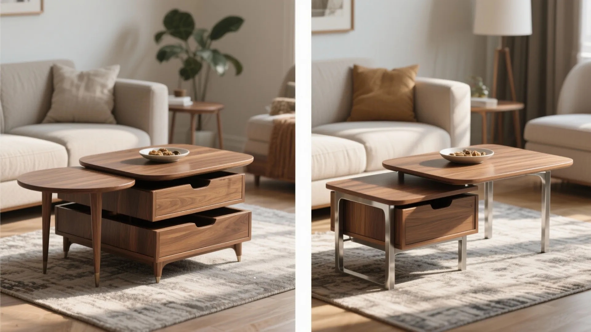 Two wooden coffee tables with drawers shown side by side in a bright living room