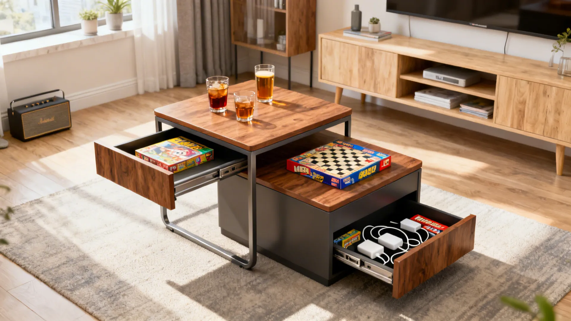 Nested side tables with one pulled out and a hidden compartment open showing board games and chargers.