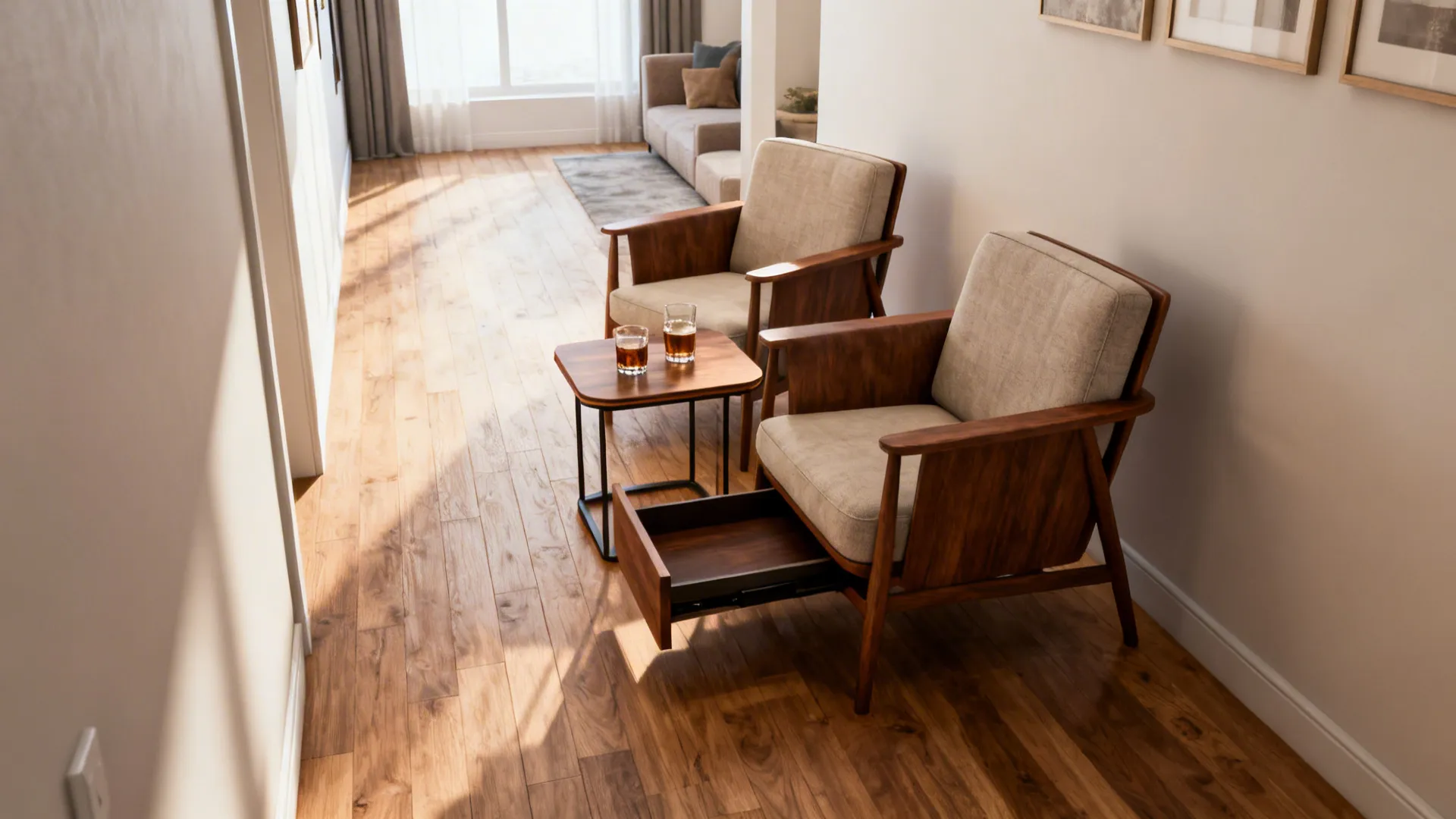 Nested side tables beside two chairs in a narrow living room, one table extended for guests