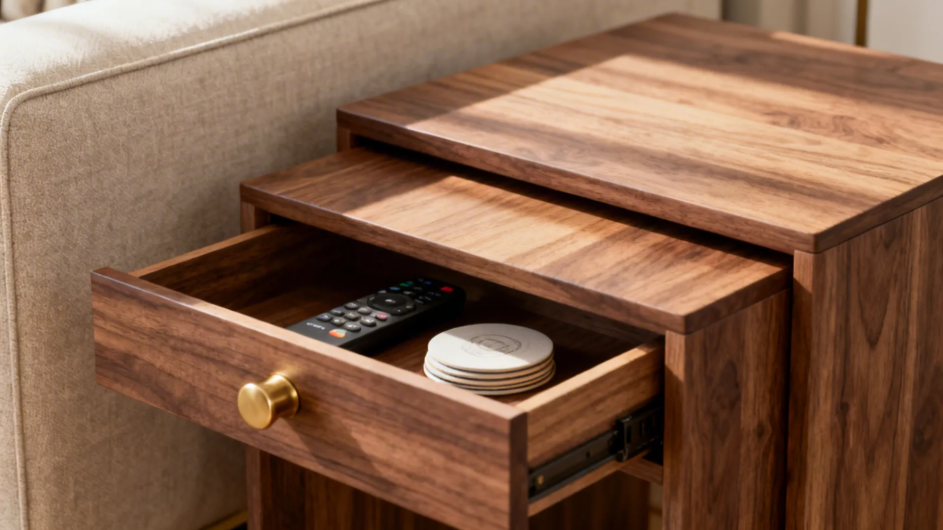 Nested wooden side tables with a shallow open drawer holding remotes and coasters.