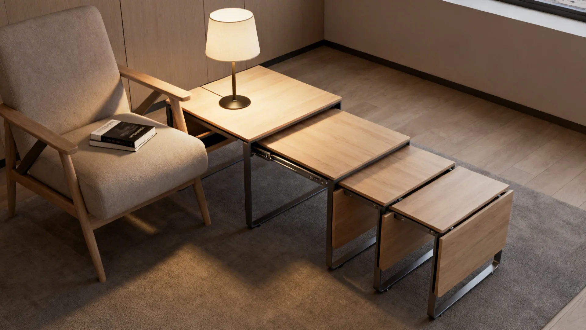 Three-piece nested side tables, one pulled out next to an armchair with a lamp and book.