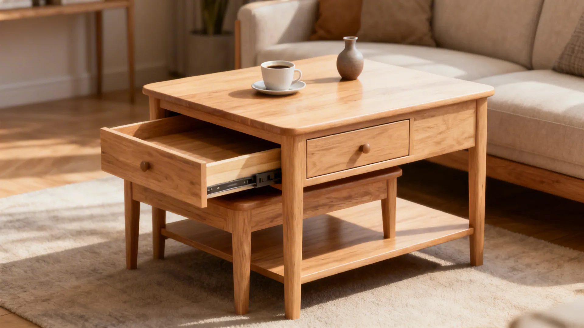 Wooden coffee table with open drawer and smaller table nested underneath on a grey rug