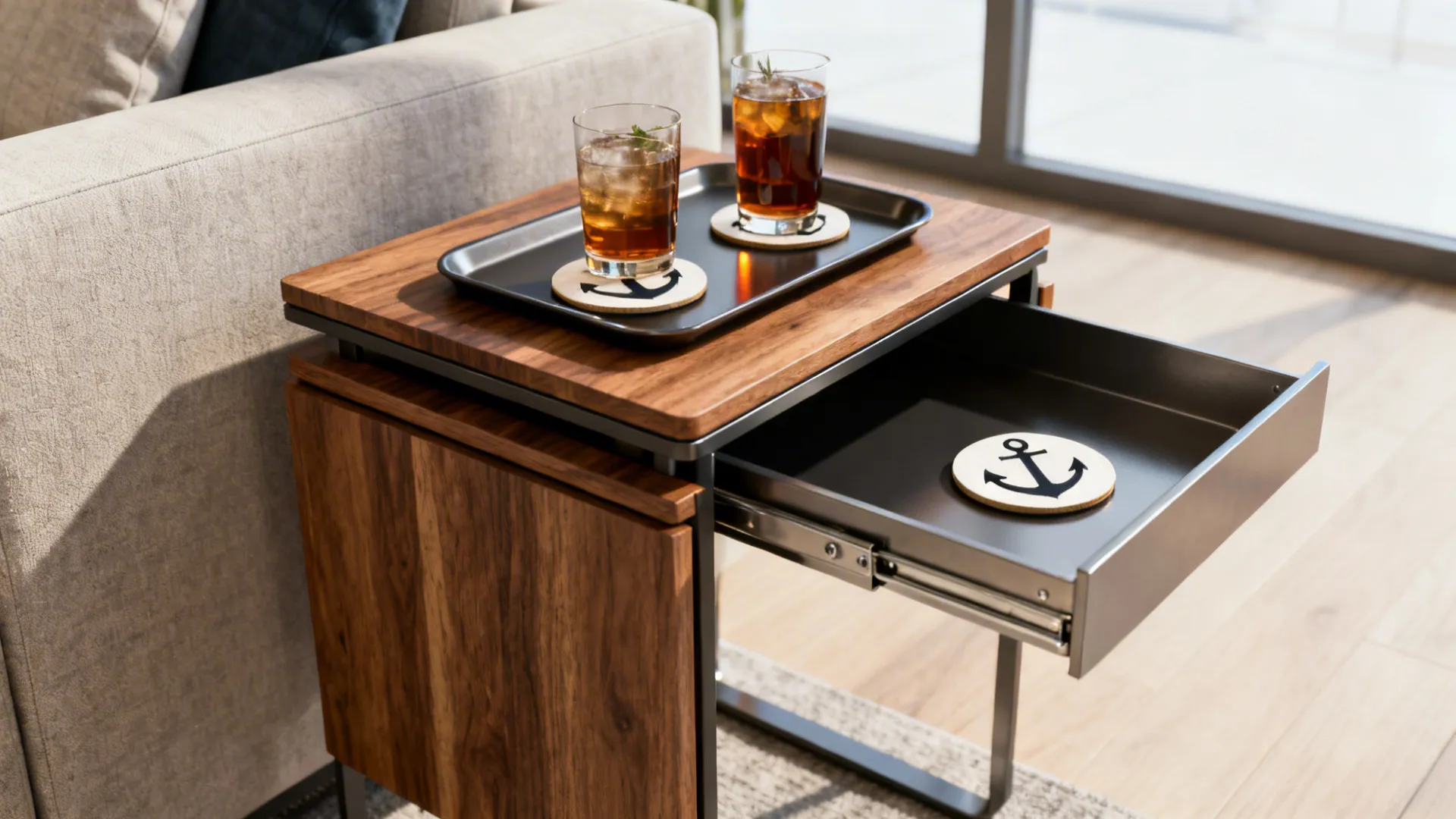 Wooden side table with open drawer and drinks on a tray next to a sofa