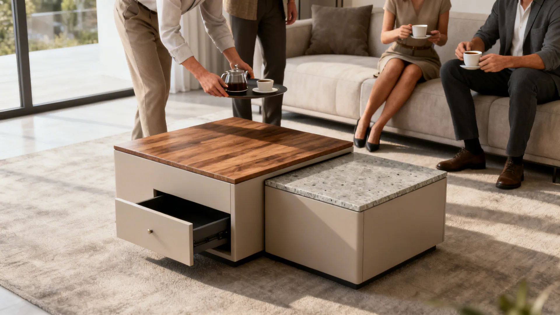 Two nested coffee tables with wood and stone tops used in a modern living room