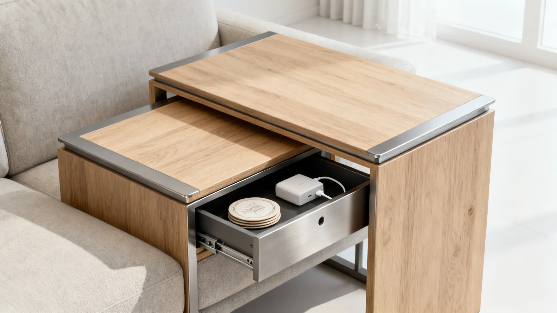 Nested wooden side tables next to sofa with an open drawer holding a white power charger
