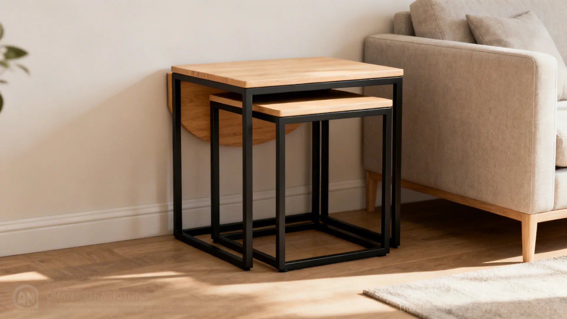 Nested metal-frame and wooden-top square tables beside a small sofa, one pulled out slightly.