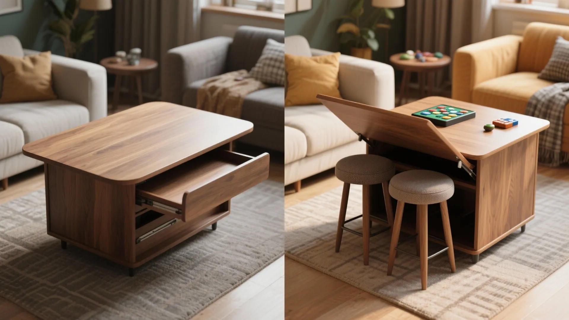 Multi functional coffee table with a side drawer and a lift top that stores stools
