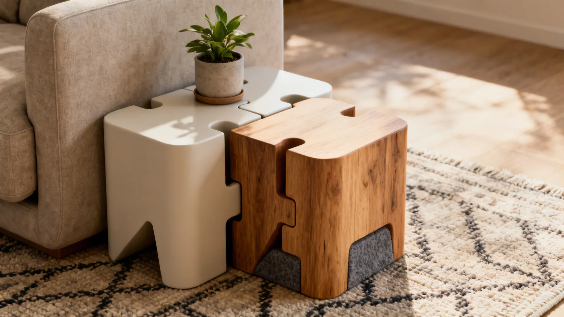 Set of nested asymmetric stools forming a sculptural cluster used as seating and side tables.