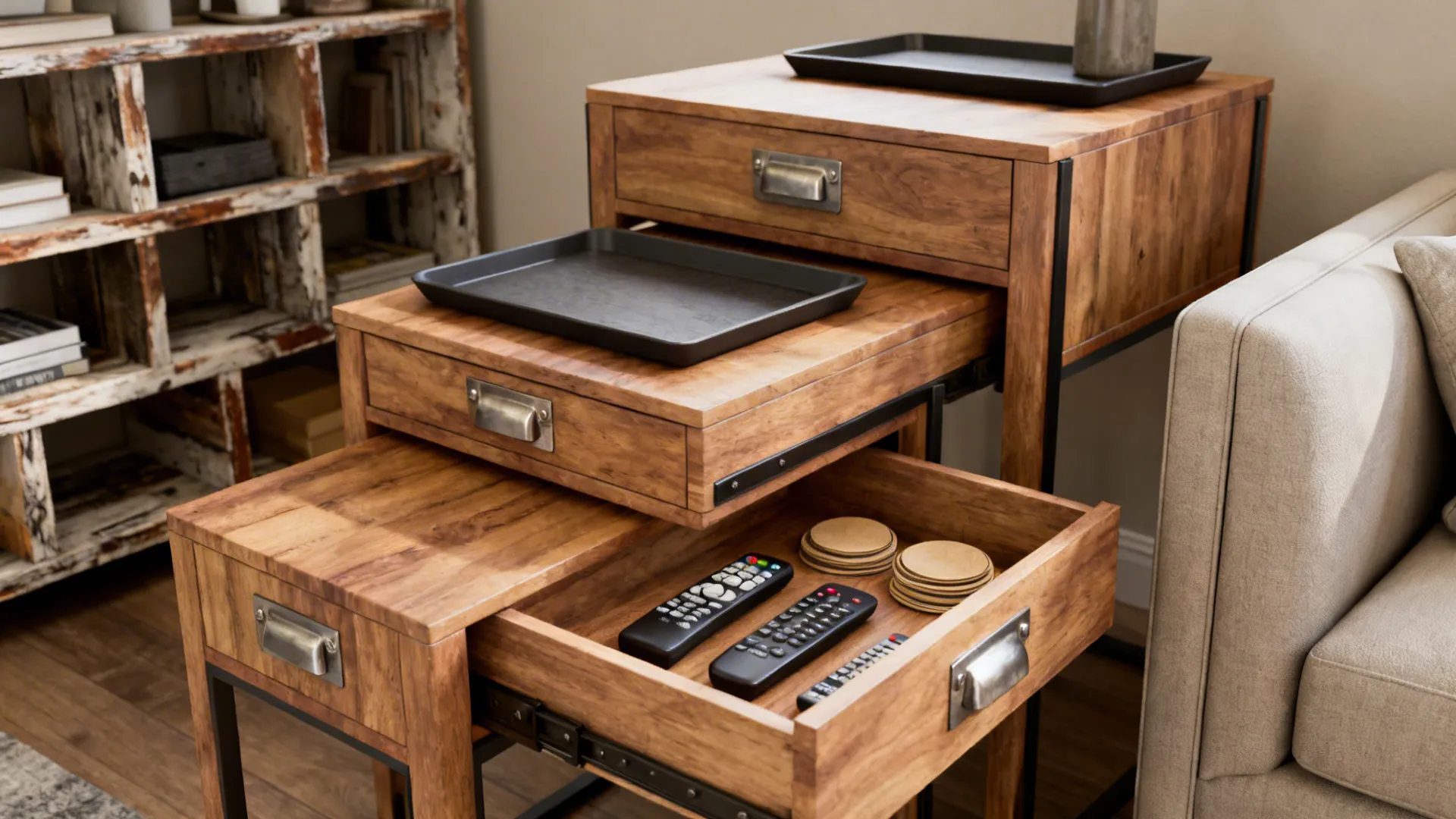 Nesting tables with built-in drawers and removable trays used for neat storage beside a slim sofa