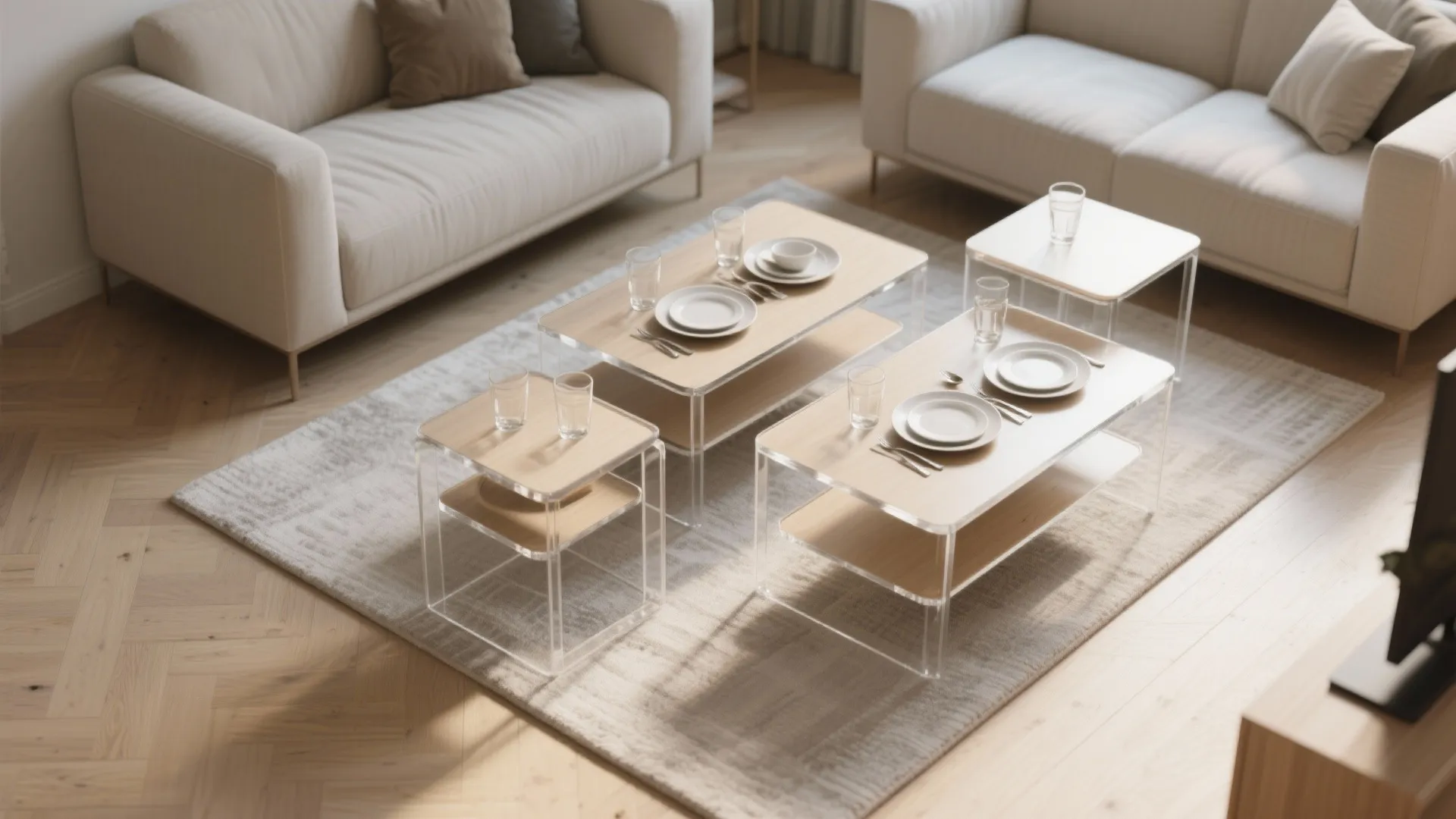 Living room featuring several wooden coffee tables with glass legs white sofas and light wood floor