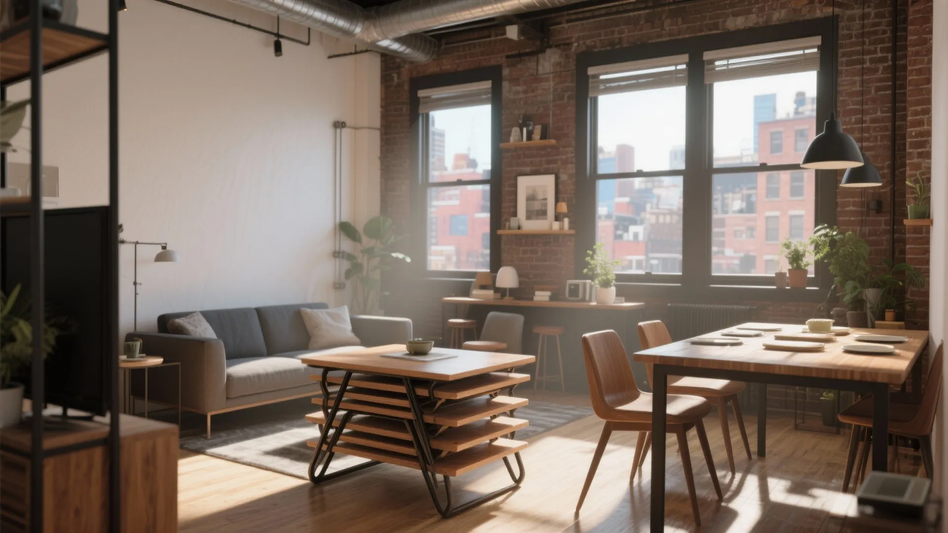 Industrial loft living room with brick walls large windows sofa dining table and wooden floor