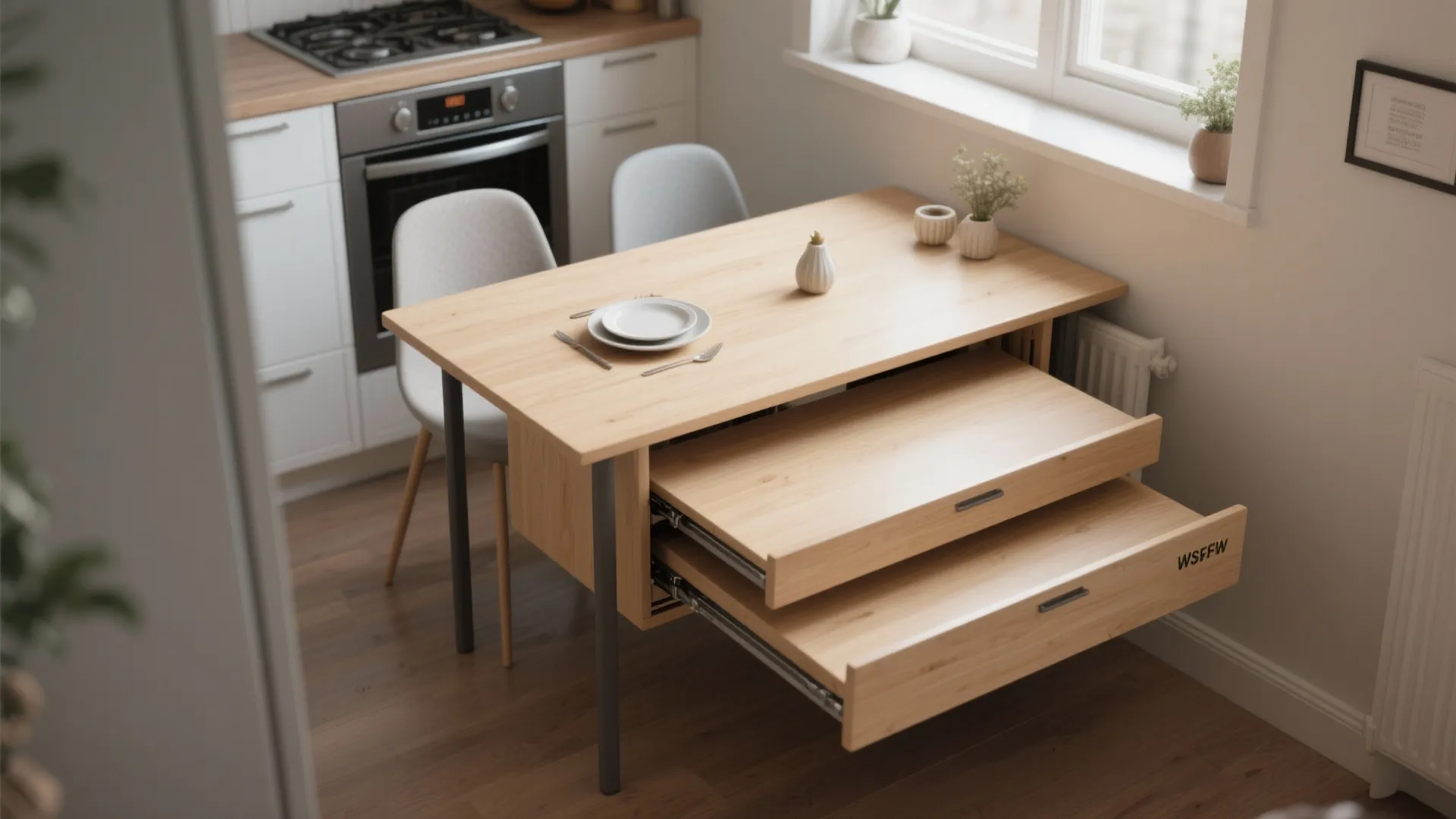 Wooden dining table with pull out extension features in a modern kitchen with grey chairs