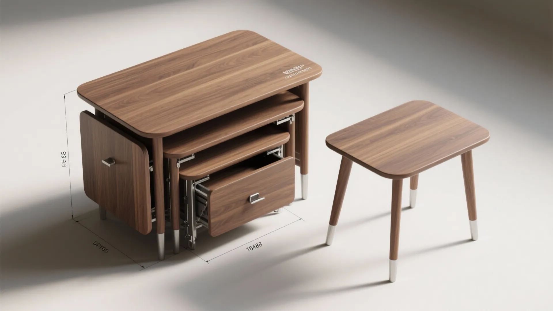 Nested wooden coffee tables with storage drawers and measurement lines on a plain white background