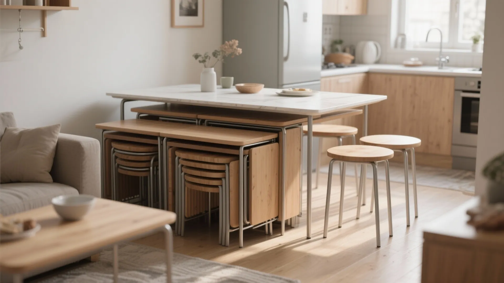Space saving dining table with several wooden stools tucked neatly underneath in a modern home