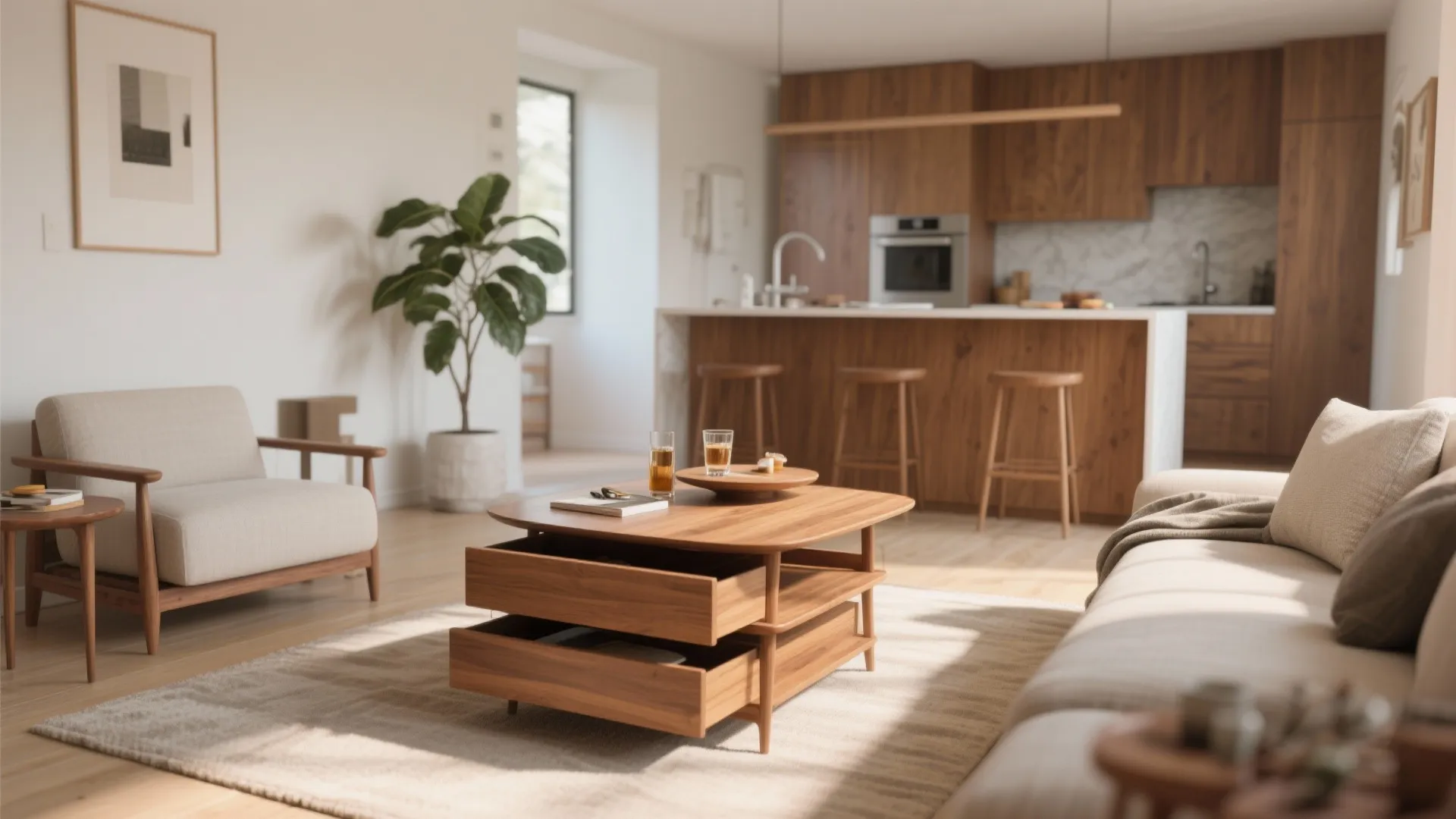 Modern wooden coffee table with open drawers in a bright living room near kitchen island