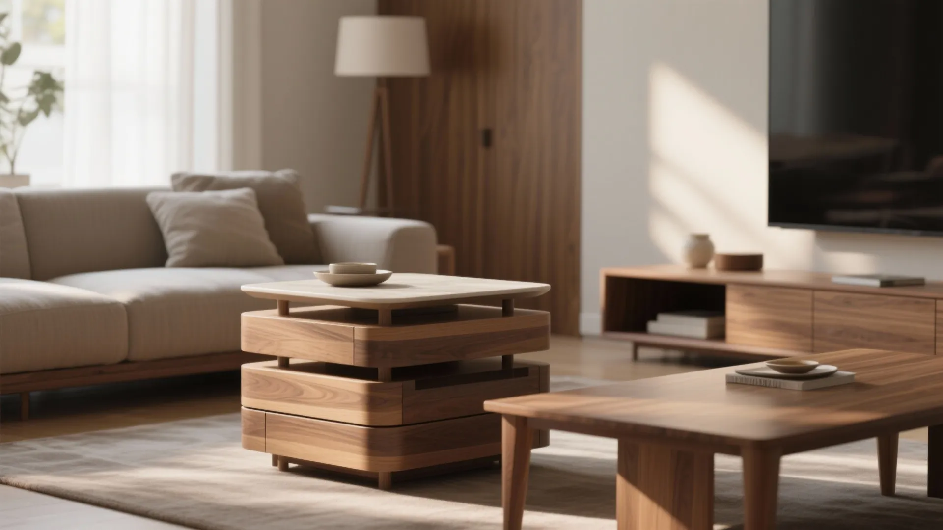 Set of nested tables that stack for coffee-table use and separate for dining in a small living area.