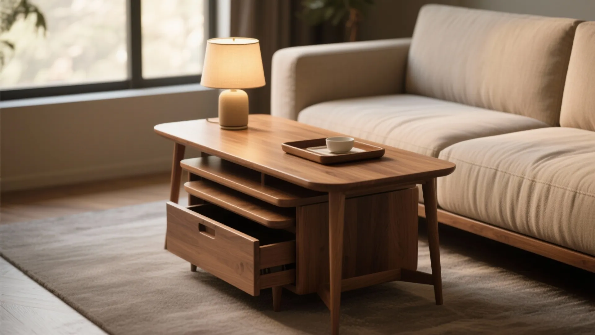 Wooden nested coffee table with open drawer and table lamp in a modern living room scene