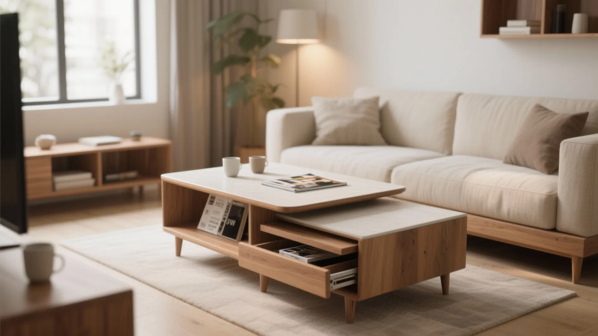 Modern living room featuring a wooden coffee table with white top and a beige sofa