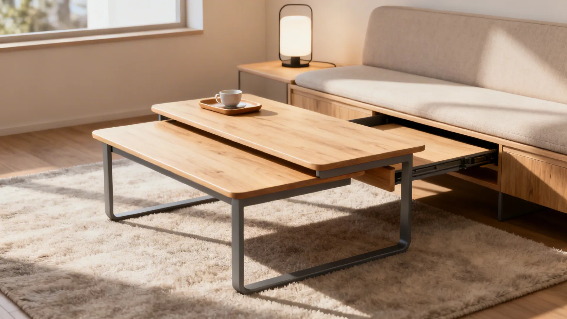 Nested coffee tables in a small living room partially pulled out for added surface