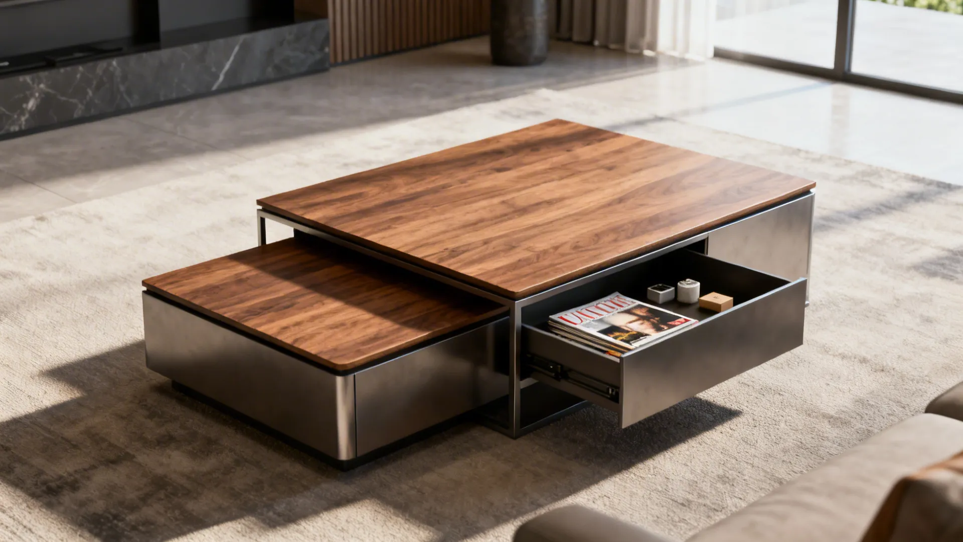 Nested coffee tables with the larger table pulled out to reveal a hidden compartment with magazines
