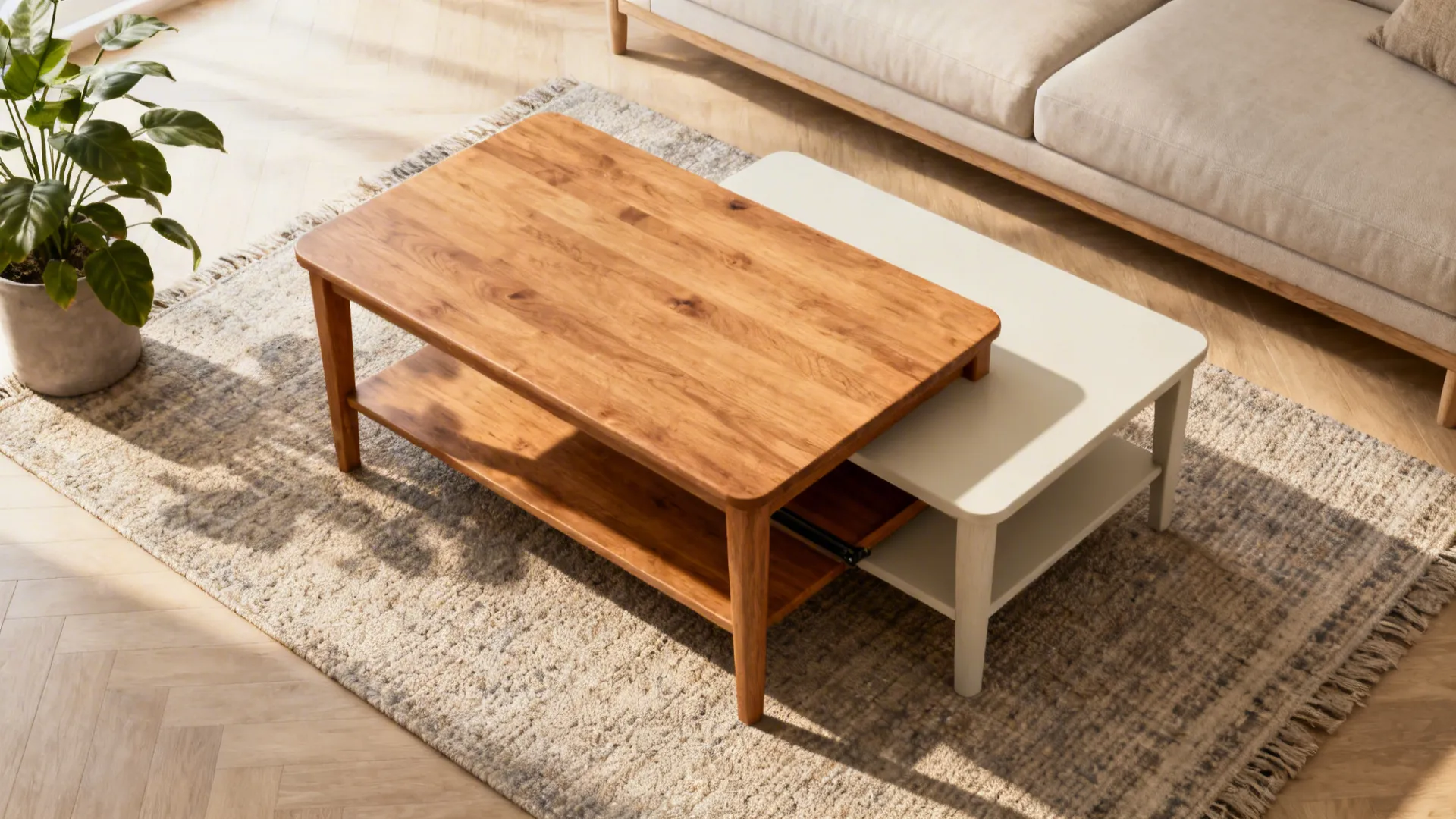 Nested coffee tables where smaller tables tuck under a larger oak table in a compact living room.