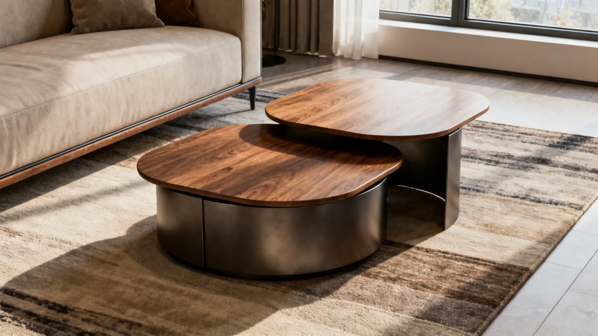 Nested coffee tables pulled apart in a small living room next to a slim sofa