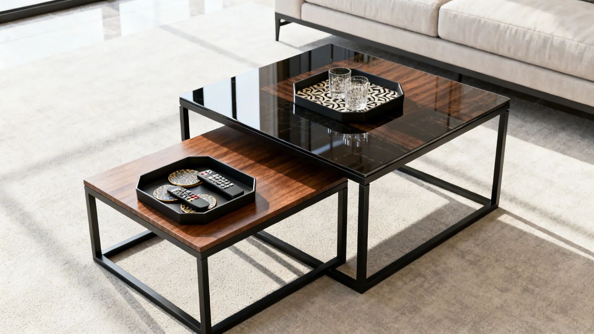 Nested coffee tables with trays and a pulled-out smaller table in a minimalist living room