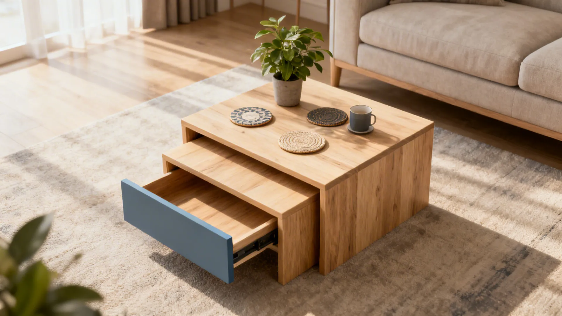 Square light wood nesting coffee table with an open blue drawer and plant on top