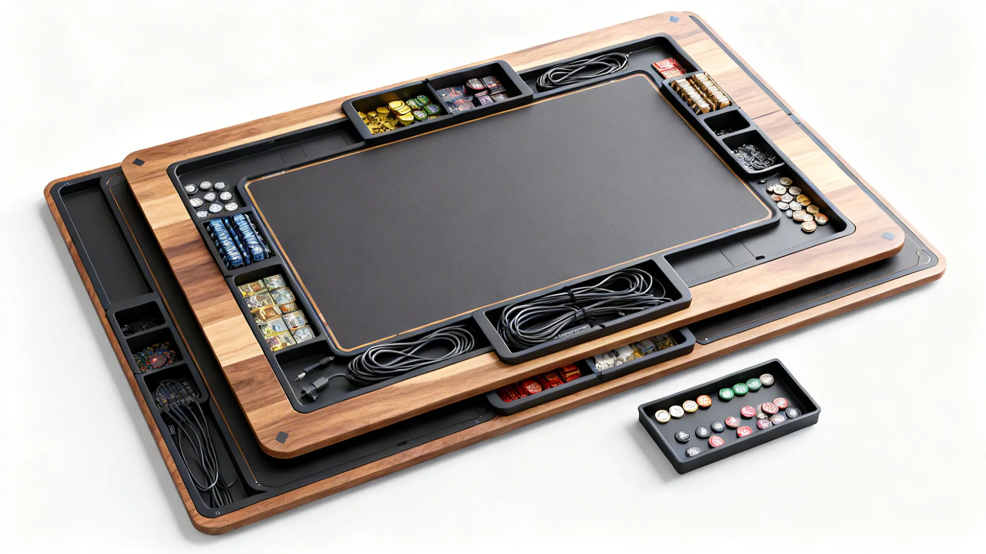 Top-down view of nested tables partially expanded with trays holding game components.