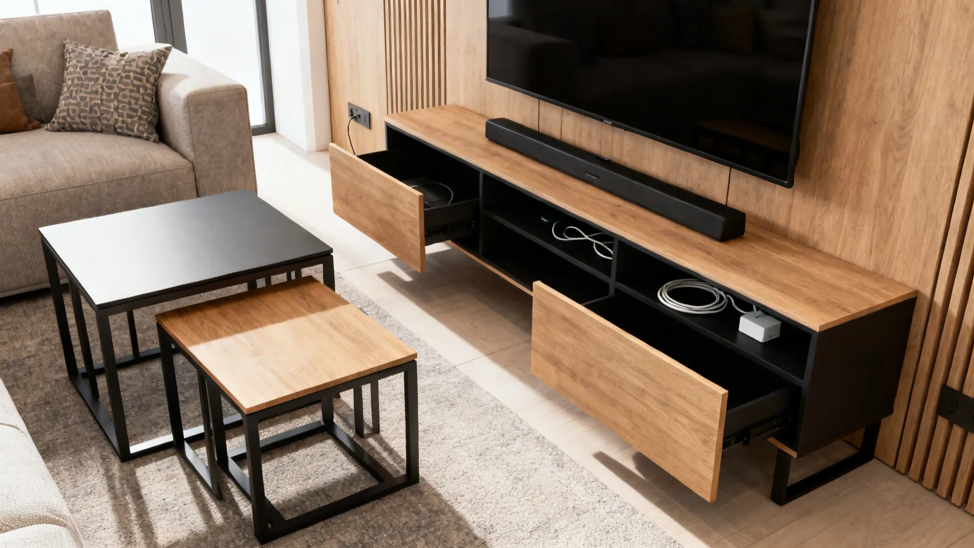 Small living room with nested coffee tables and a slim console TV unit with open shelving.