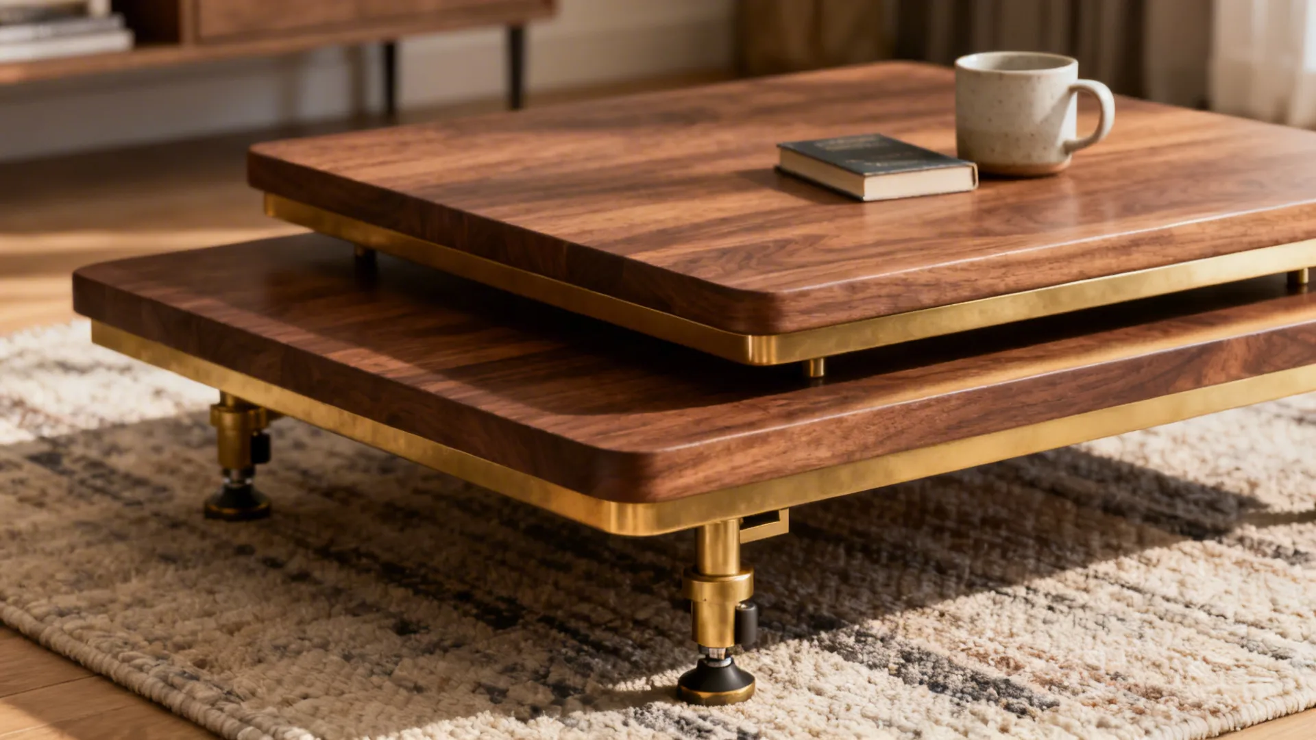 Macro view of nested walnut-and-brass tables with adjustable feet and styled accessories