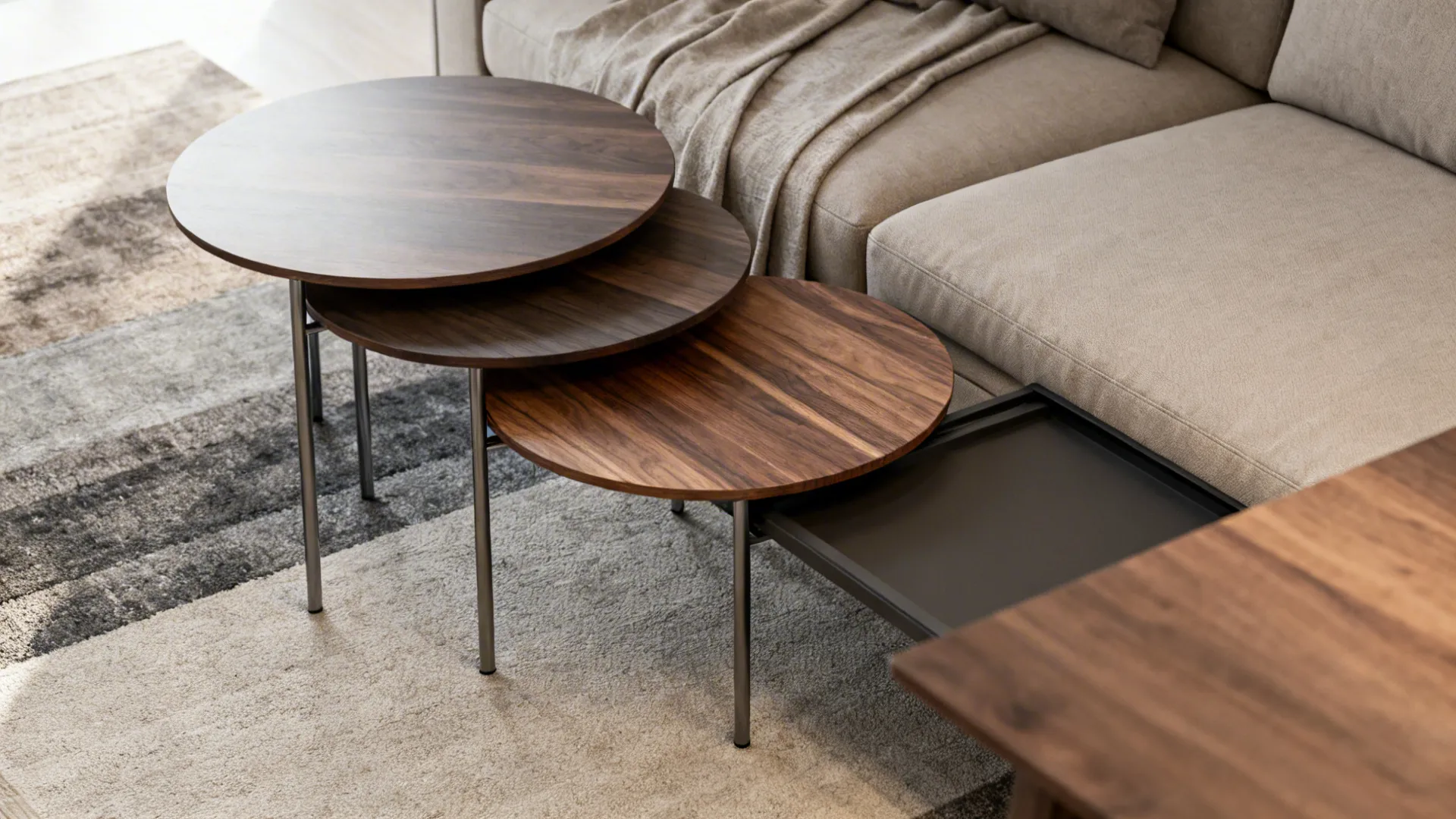 Set of nested round tables partially pulled out to form a larger dining surface in a living area