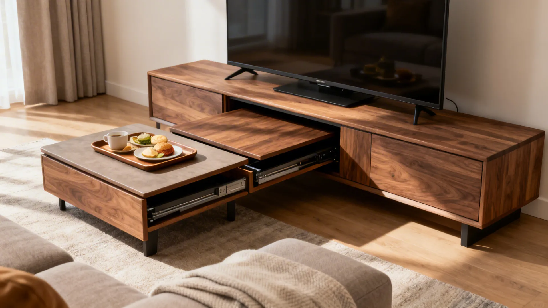 1. Compact nested coffee tables + low-profile TV stand