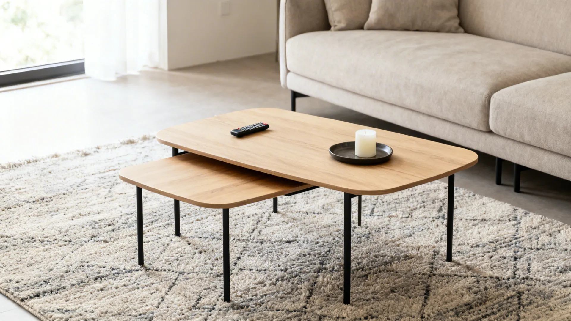 Small living room with slim nesting coffee tables, one tucked under the other.