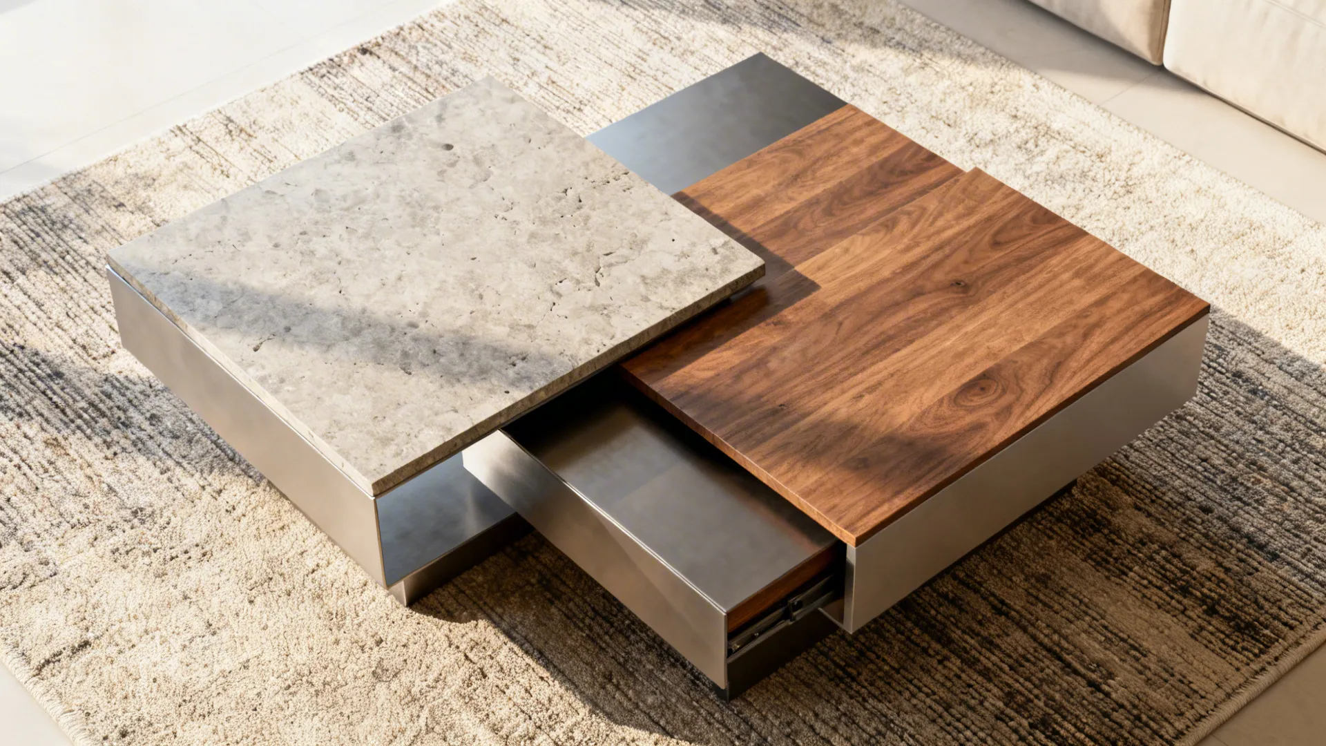 Top-down view of nested coffee tables in mixed materials partially pulled out on a rug.
