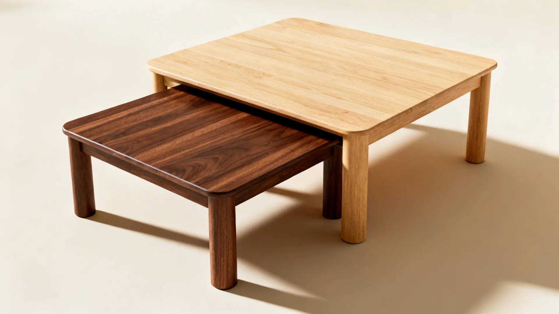 Two wooden coffee tables of different colors and sizes nested together on a light floor