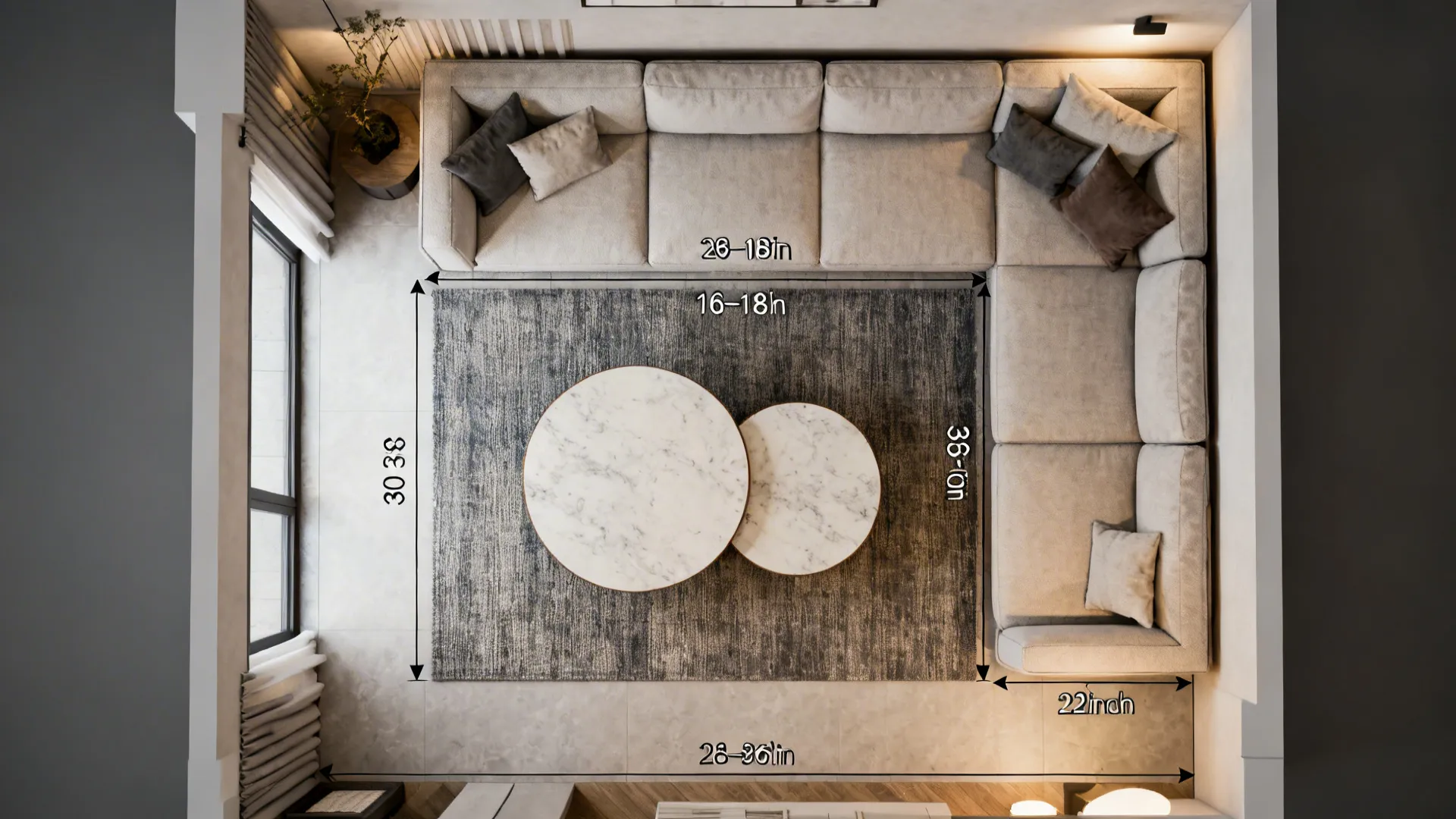 Top-down view of an L-shaped seating area with nested round tables and clear circulation space.