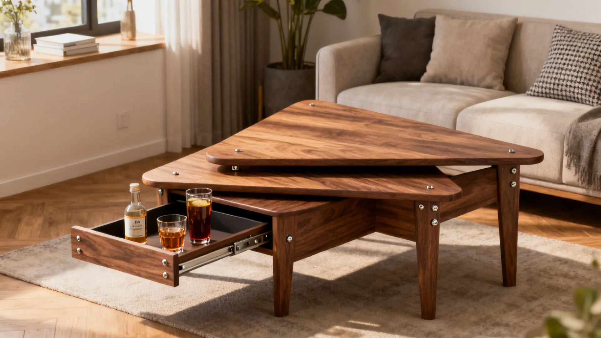 Wooden triangle coffee table with open drawer holding drinks in a modern living room with sofa