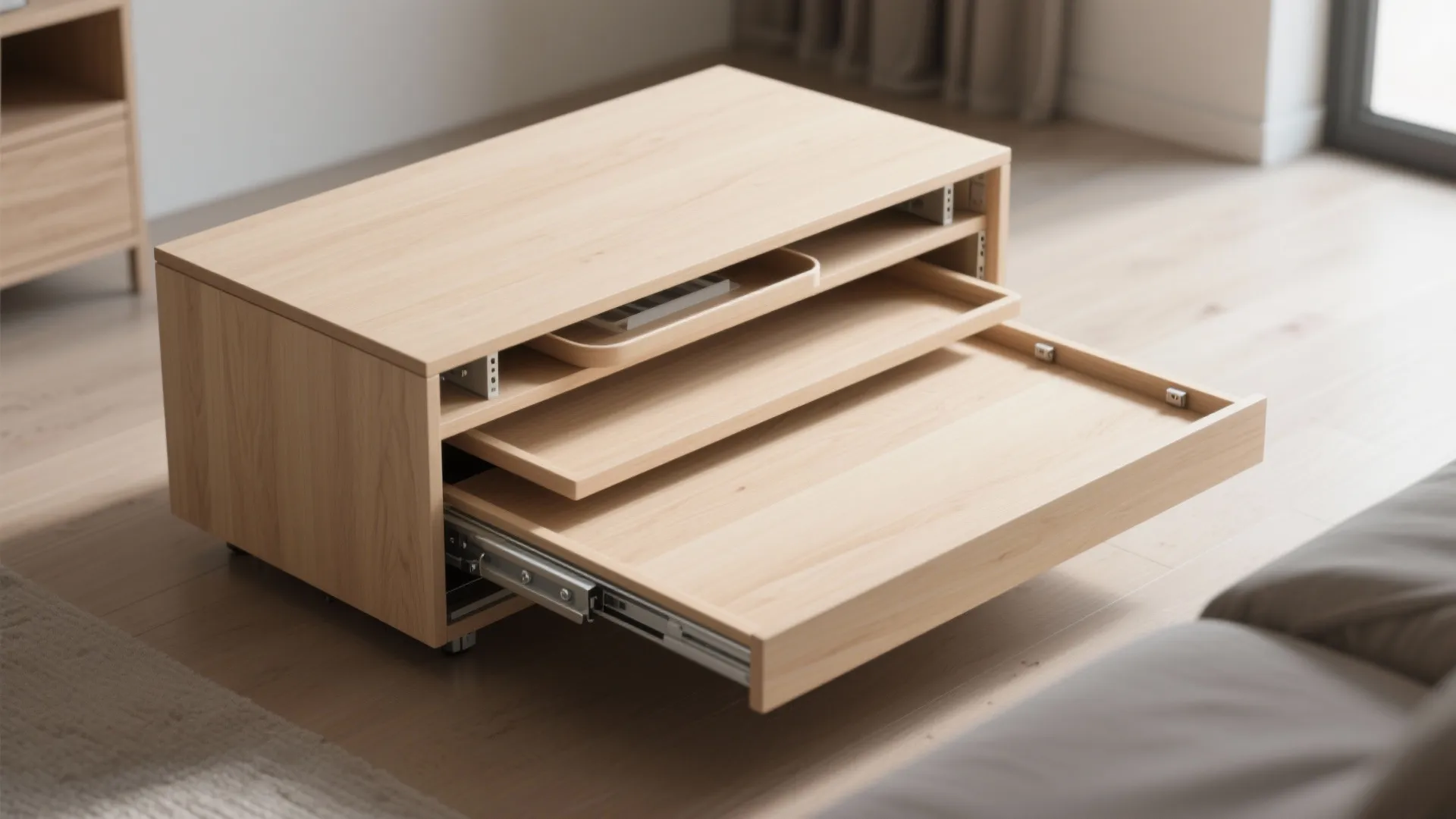Top-down view of nested two-tier MFT tops slid together for compact storage in a small room.