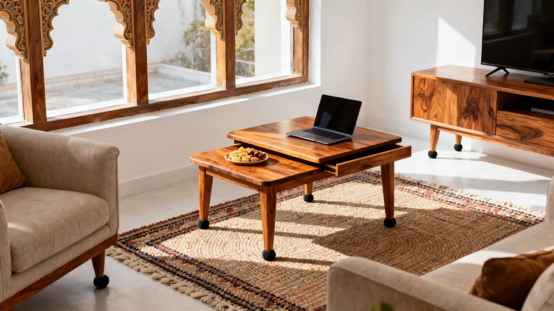 Warm wood nesting corner tables by a jharokha window with dhurrie rug and white walls.