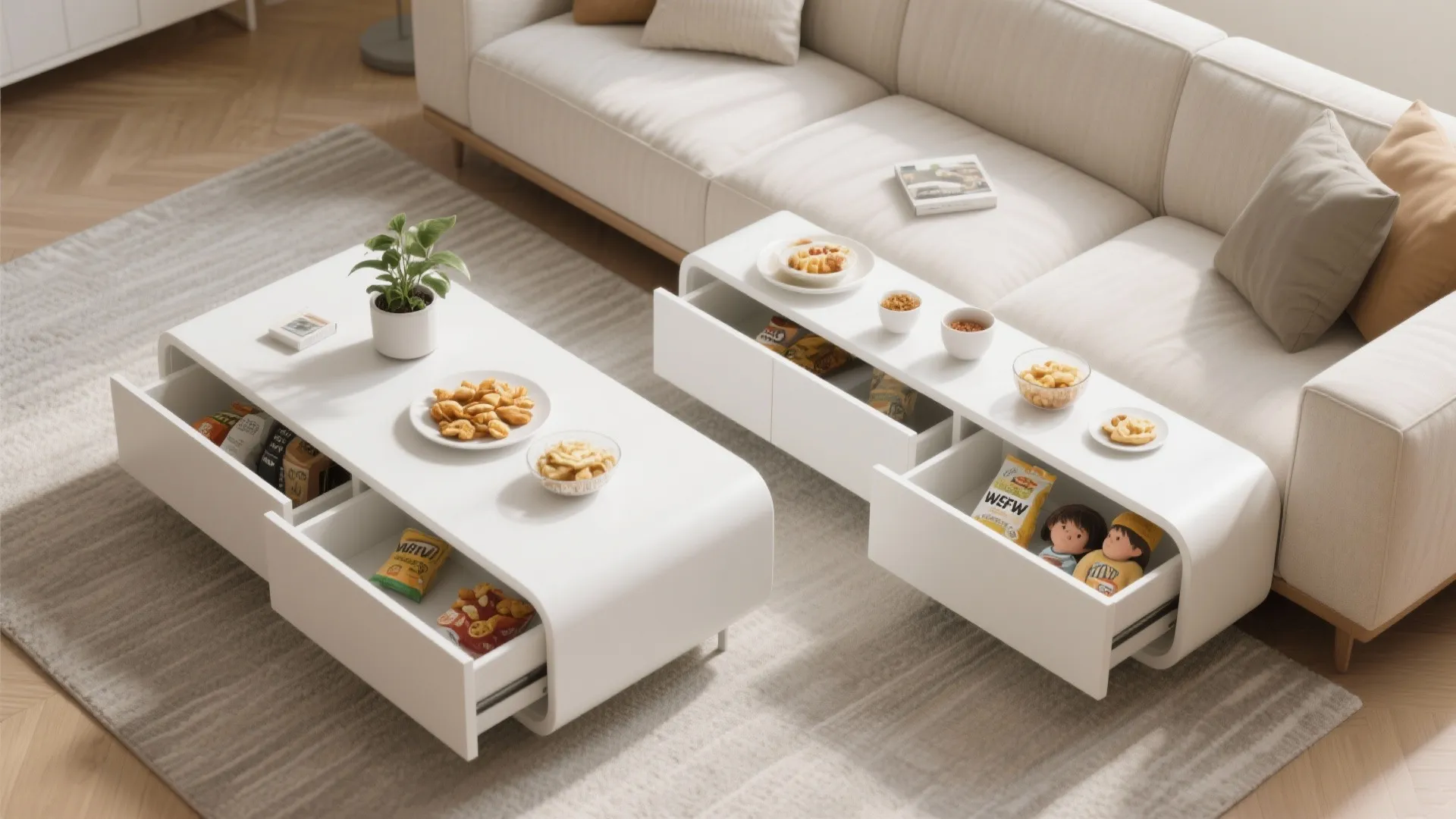 Modern white coffee table with open drawers containing snacks beside a cream sofa and rug
