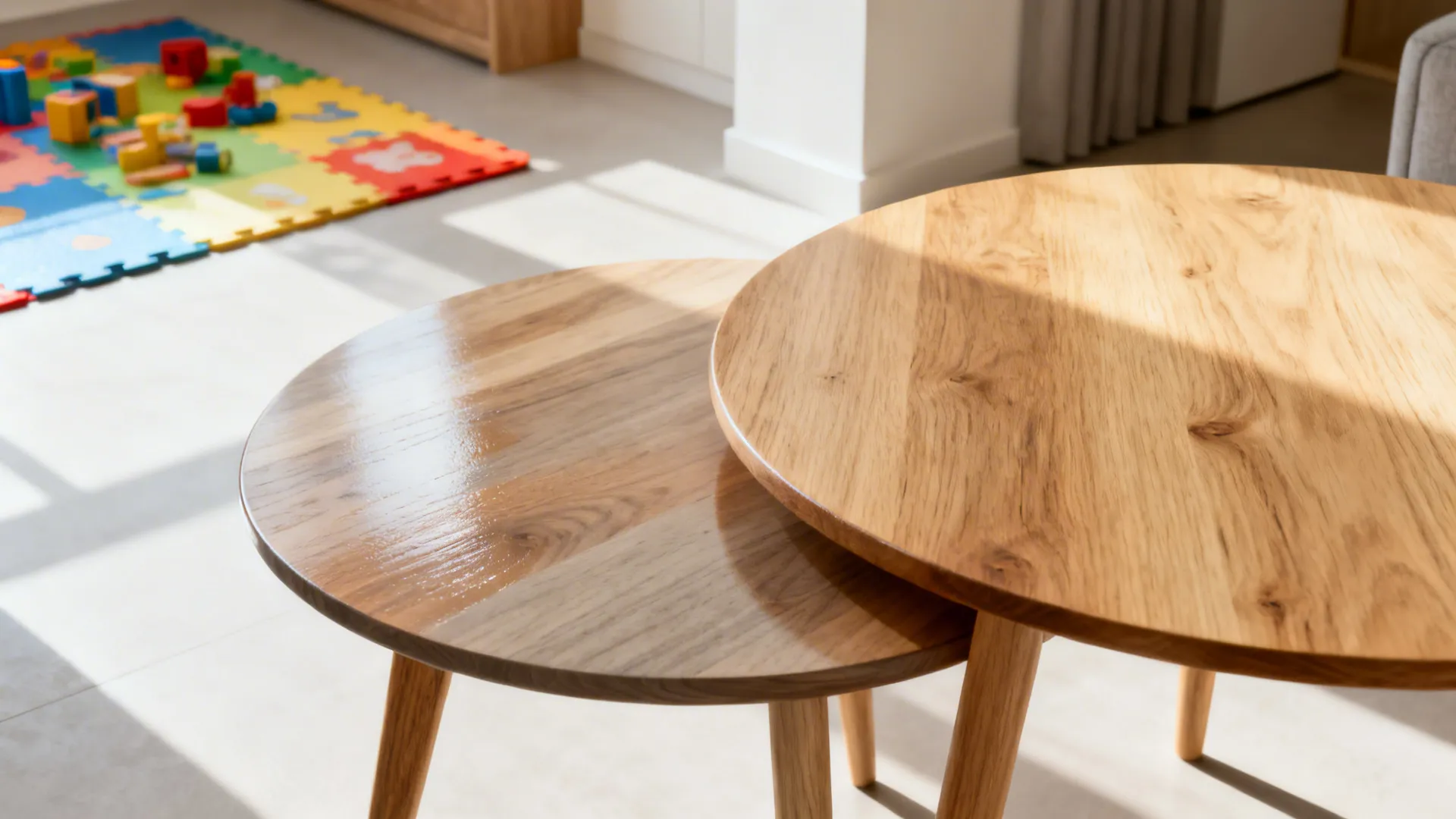 Nested round tables in oak and ash tones arranged in a small living room demonstrating flexibility.