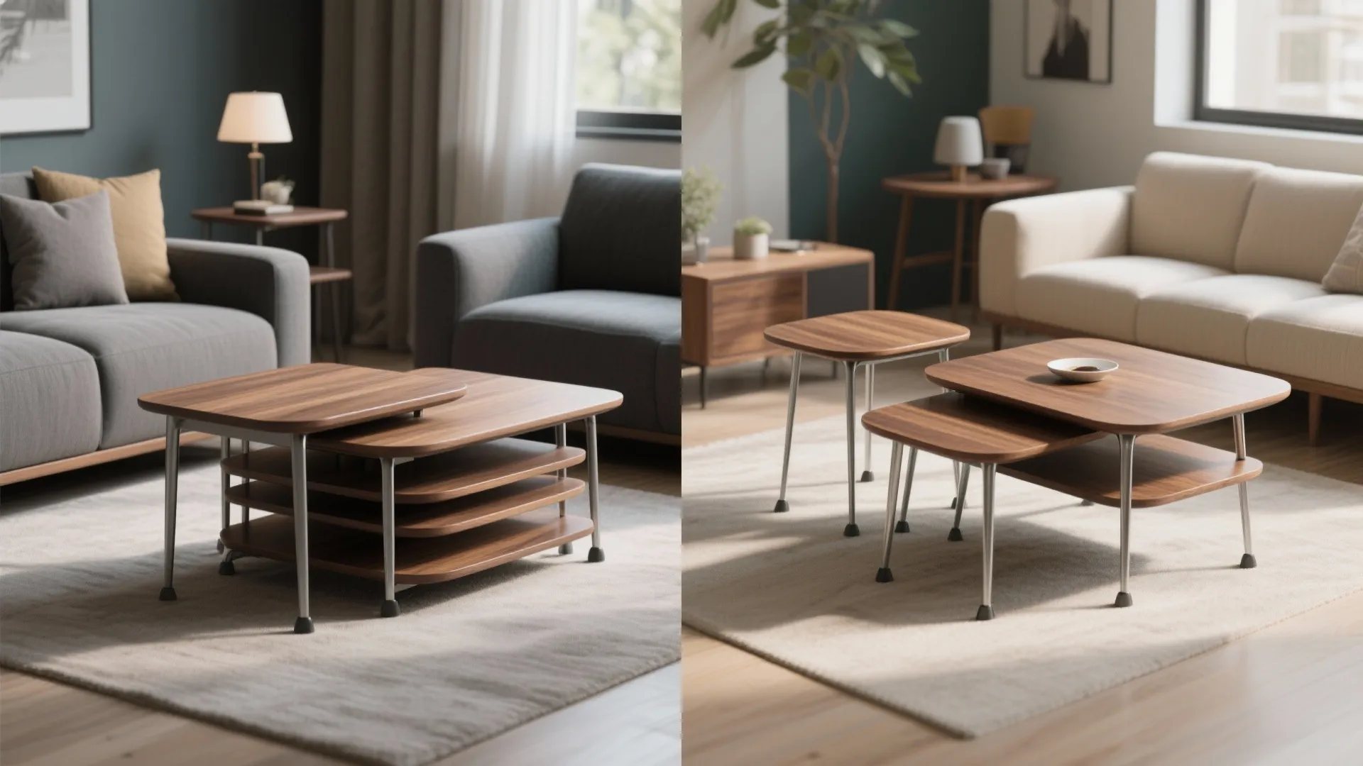Split view of wooden nesting tables stacked together and separated in a modern living room