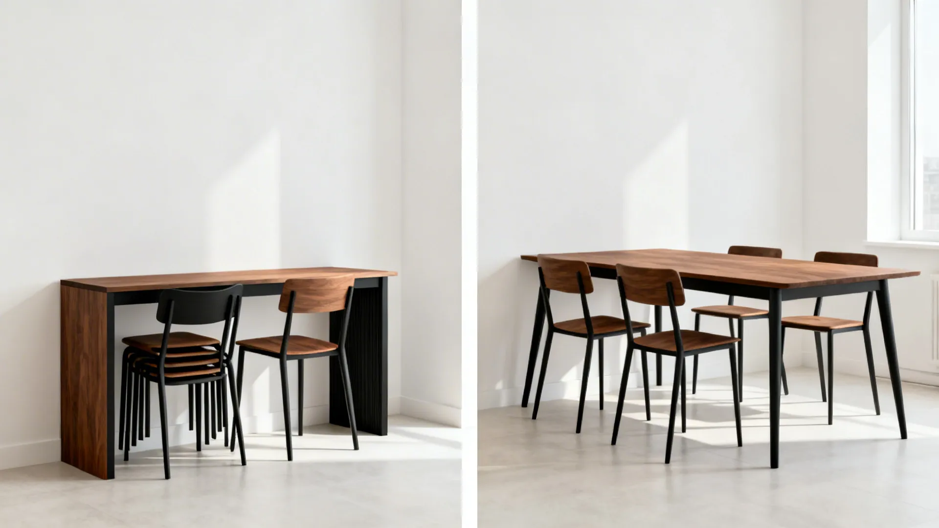 Before-and-after view of nesting tables from console to four-person dining setup.