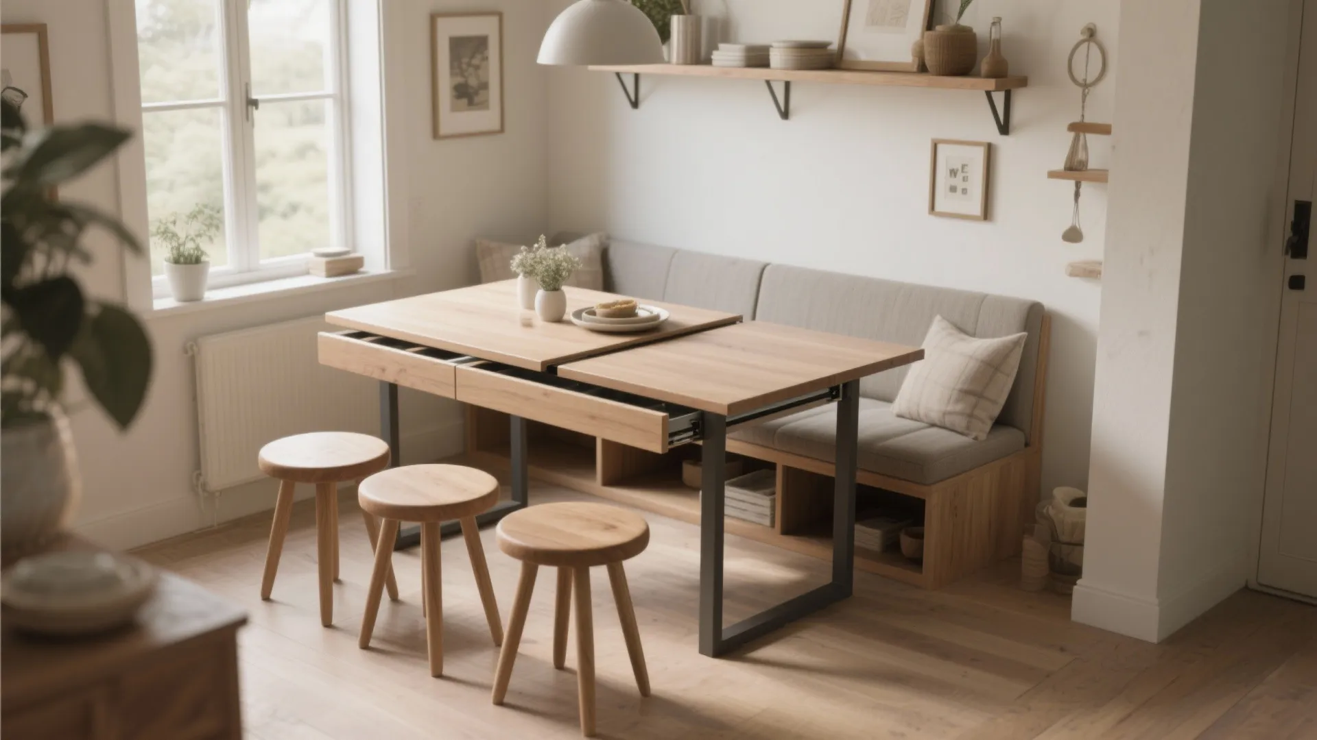 3. Nesting surfaces: small table plus pull-out bench