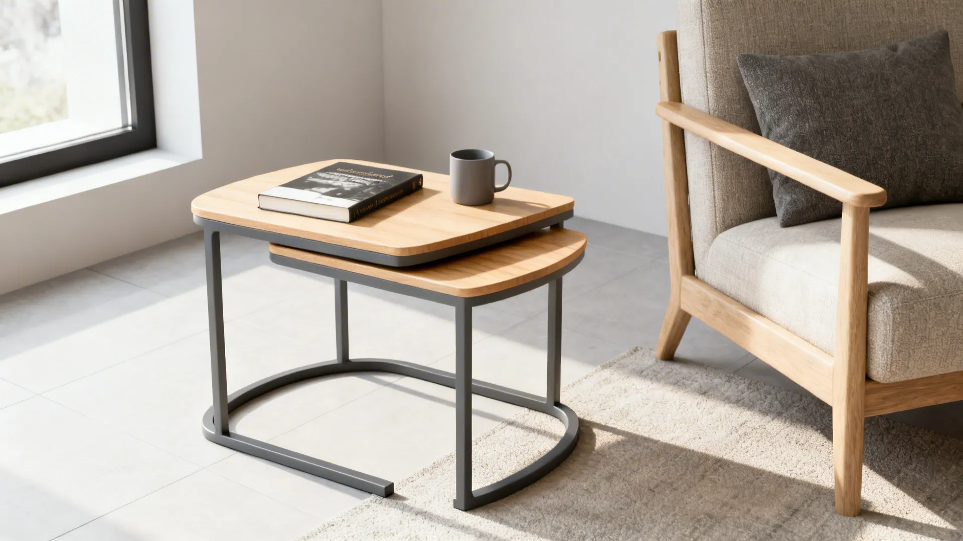 Pair of nesting C-tables, one tucked under the other beside an armchair in a small living room.