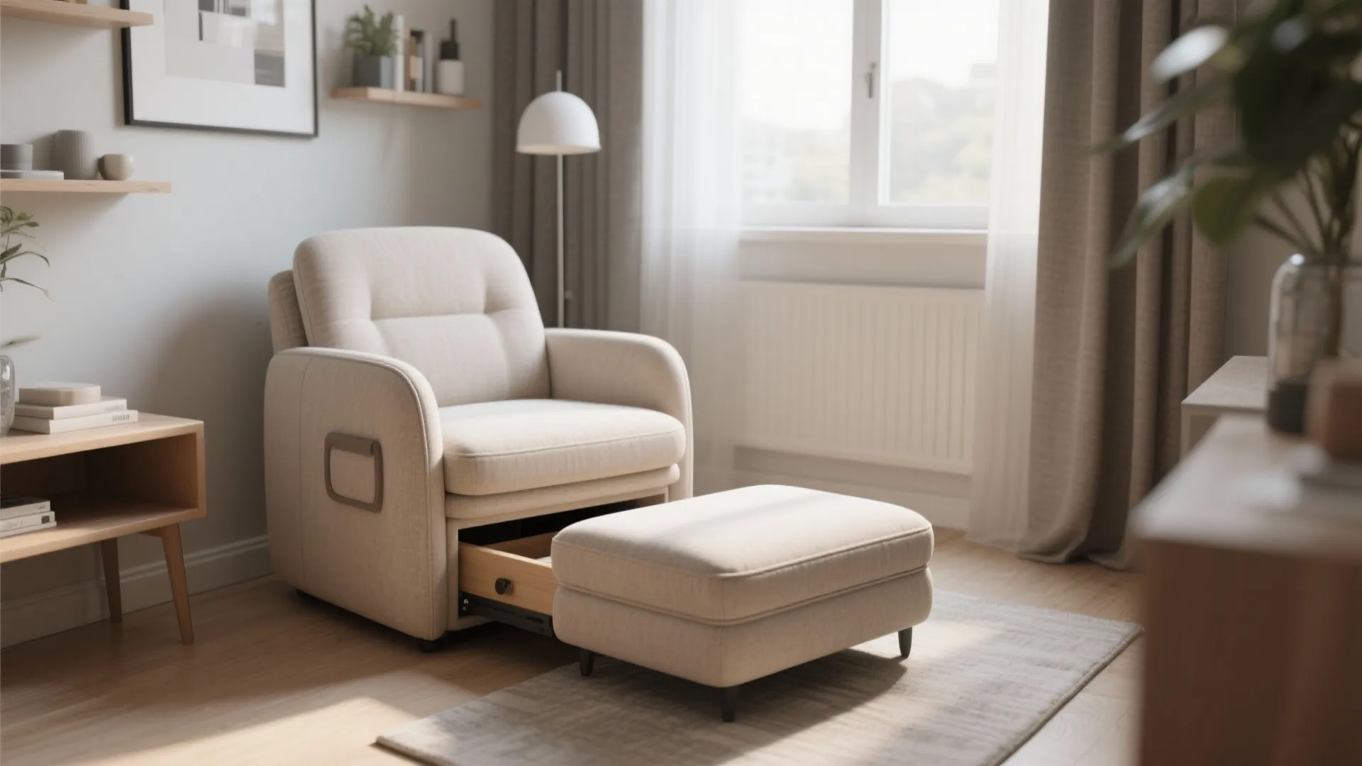 Space-saving nesting accent chair with ottoman in small apartment