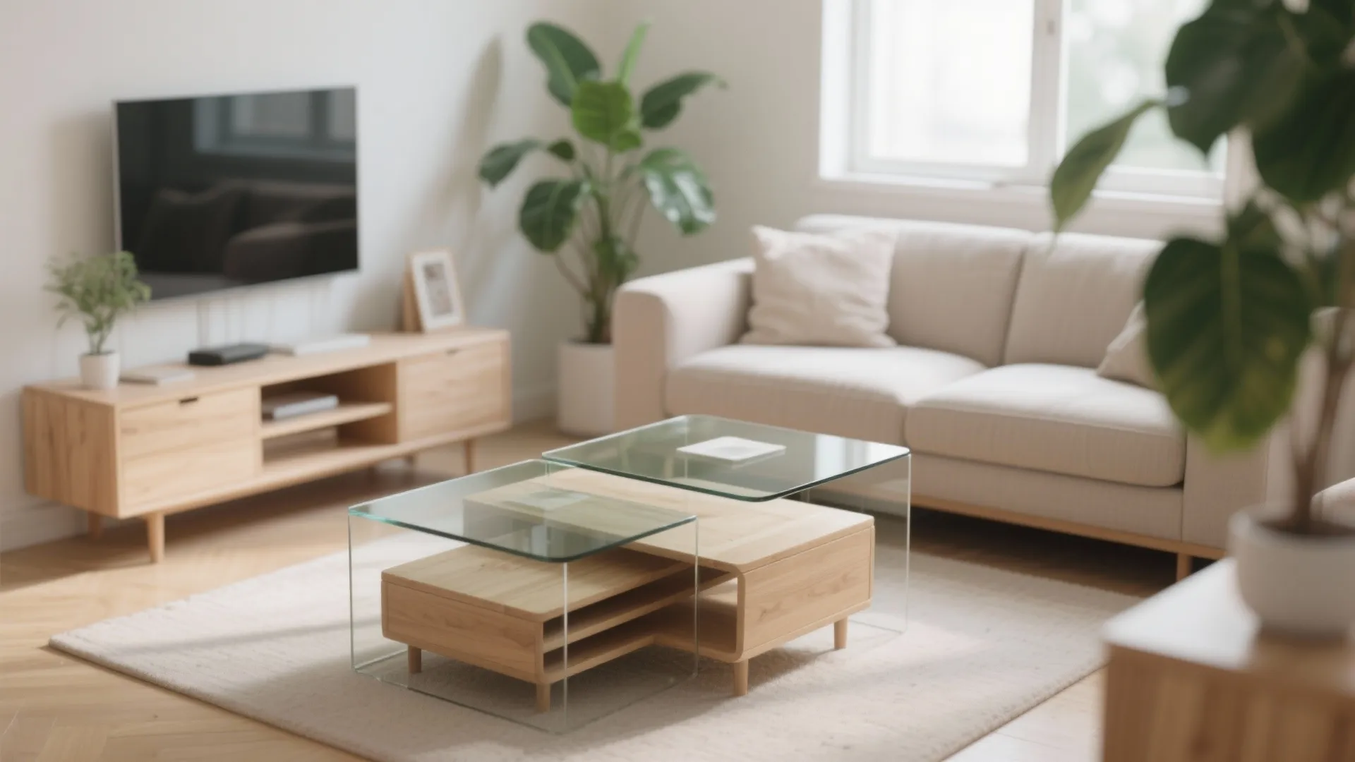 Stylish nesting coffee tables saving space in a small living room