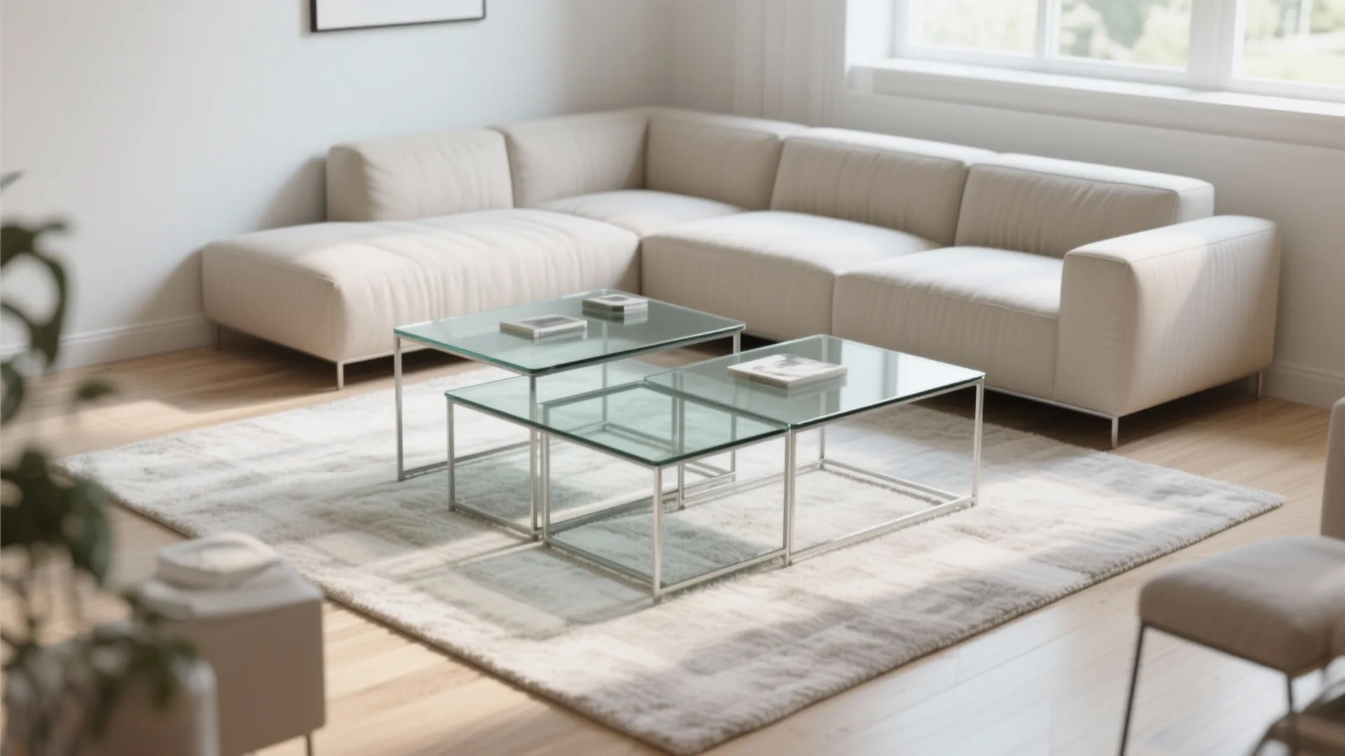 Modern living room with white sofa, three glass nesting tables, soft rug, and light floors