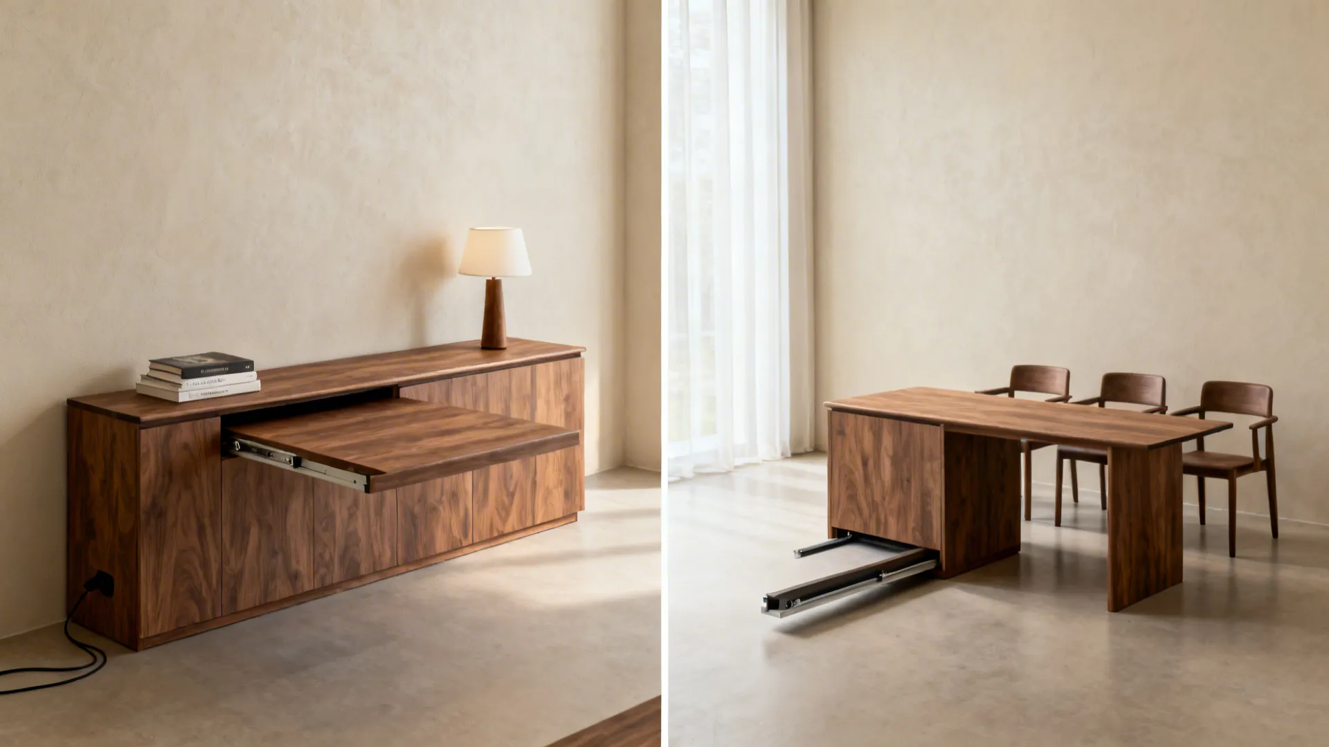 Slim console that extends into a dining table, shown in day and dining modes.